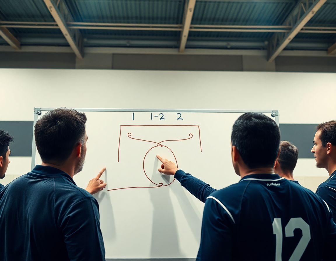 Close-up of a coach marking 1-2-2 zone on a whiteboard under gym lights.