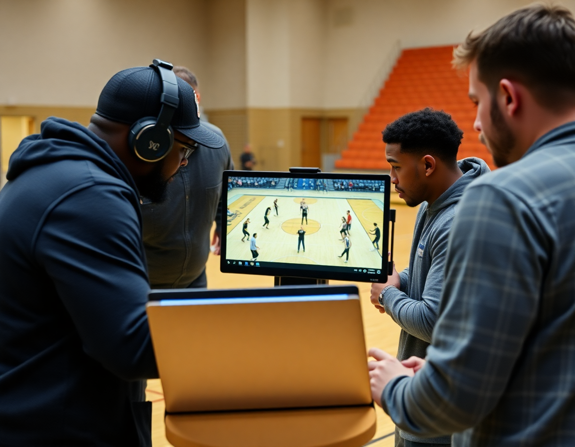 Hands-on video review of 1-2-2 zone defense clips with coach and assistants.