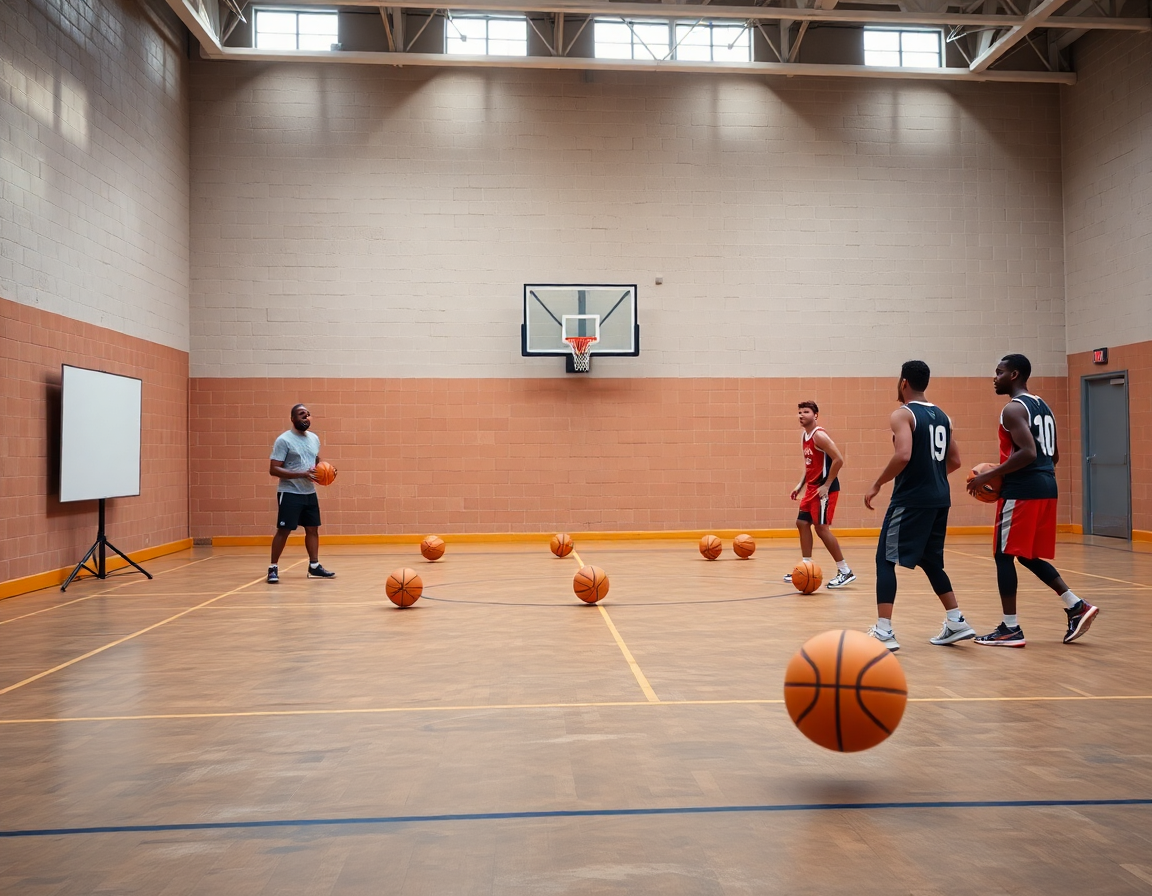 Coach demonstrates 1 3 1 zone defense basketball drill during basketball practice on a concrete court.