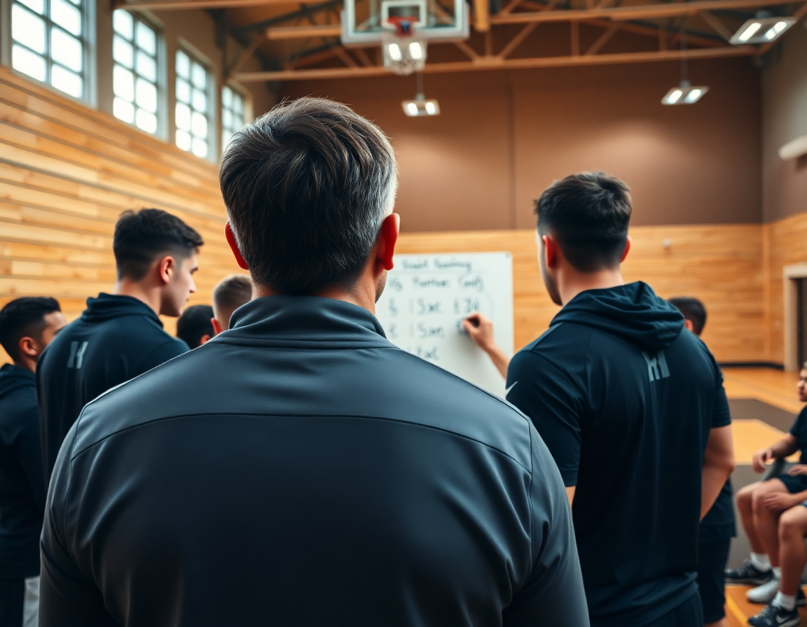 Coach explaining 1 3 1 zone defense rotations on a whiteboard during practice.