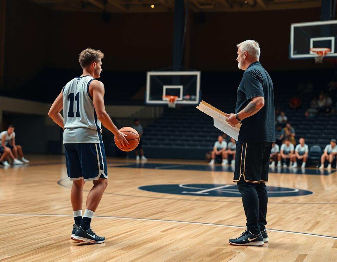 Two players dribble a basketball while the coach explains 1 4 offense plays.