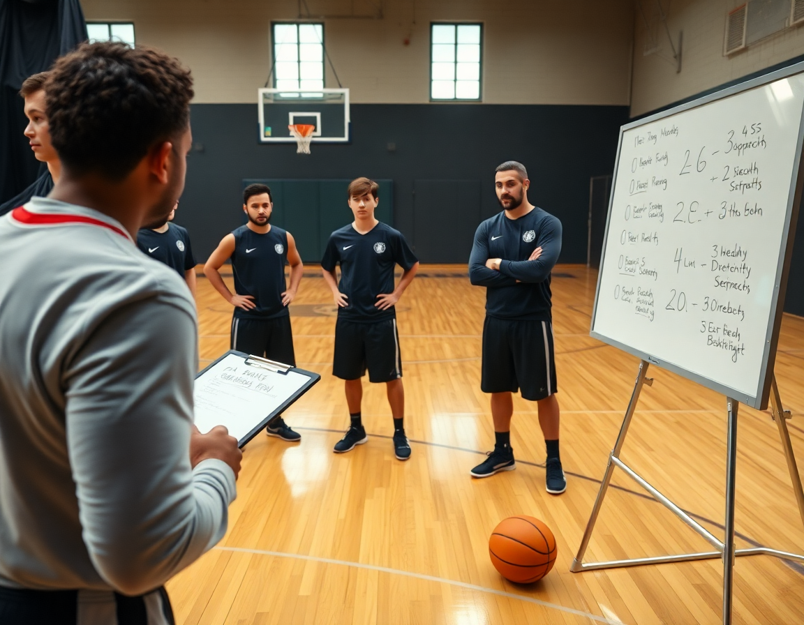 Close-up of coach outlining 12 defense basketball on whiteboard as players focus.