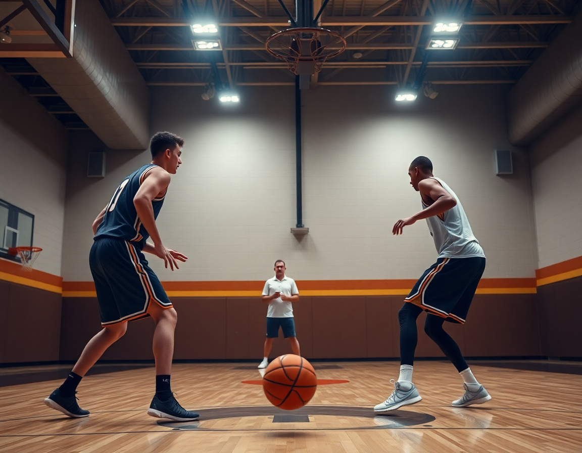 Two players in a 12 defense basketball drill on hardwood court.