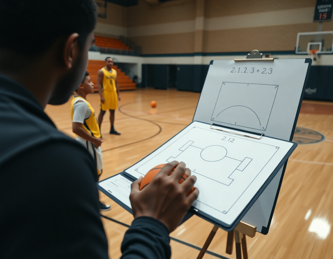 Coach references the 2 1 2 zone defense pdf while players execute a basketball drill on the hardwood.