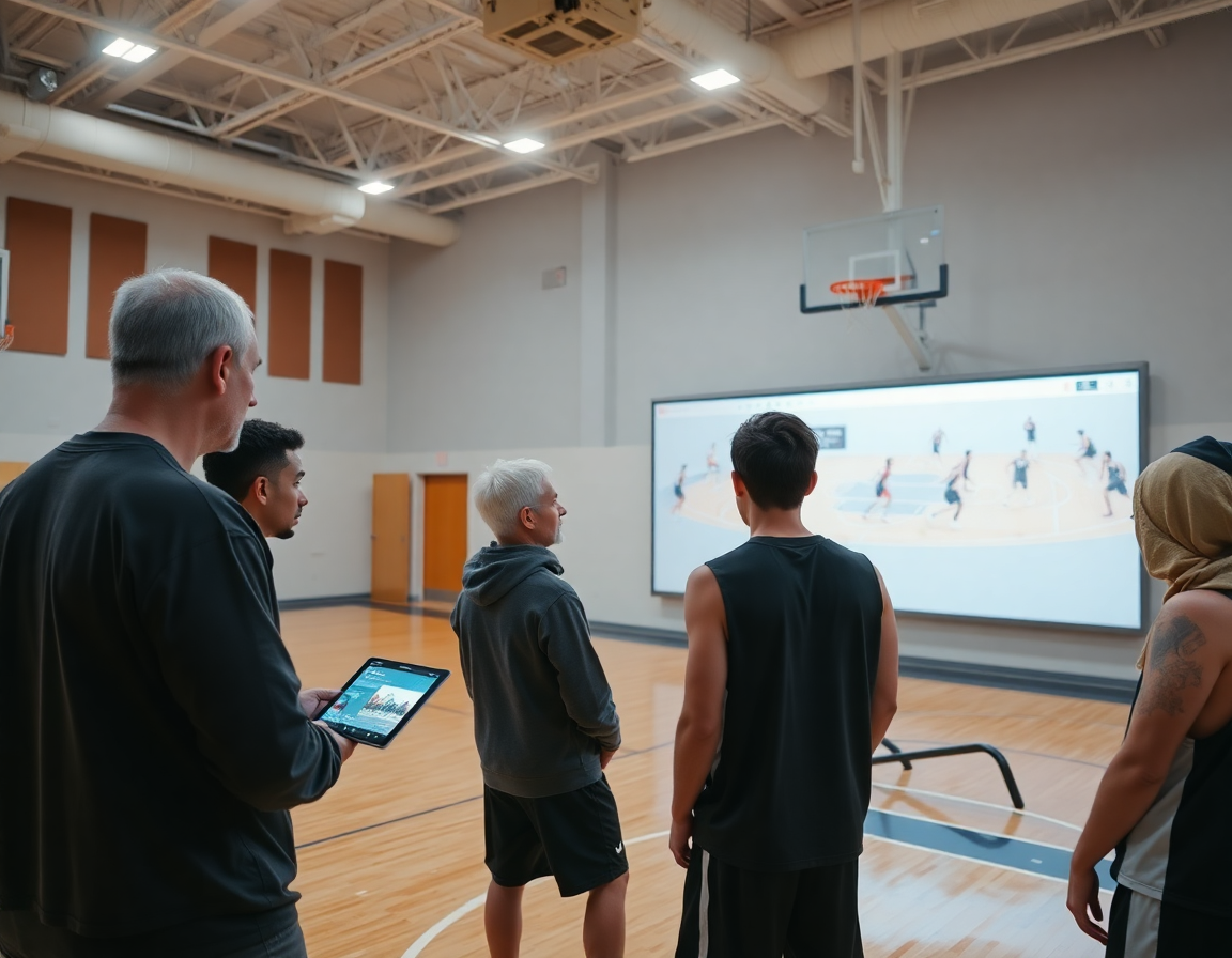 Team analyzes the 2 1 2 zone defense pdf as basketball footage plays on a screen during basketball practice.