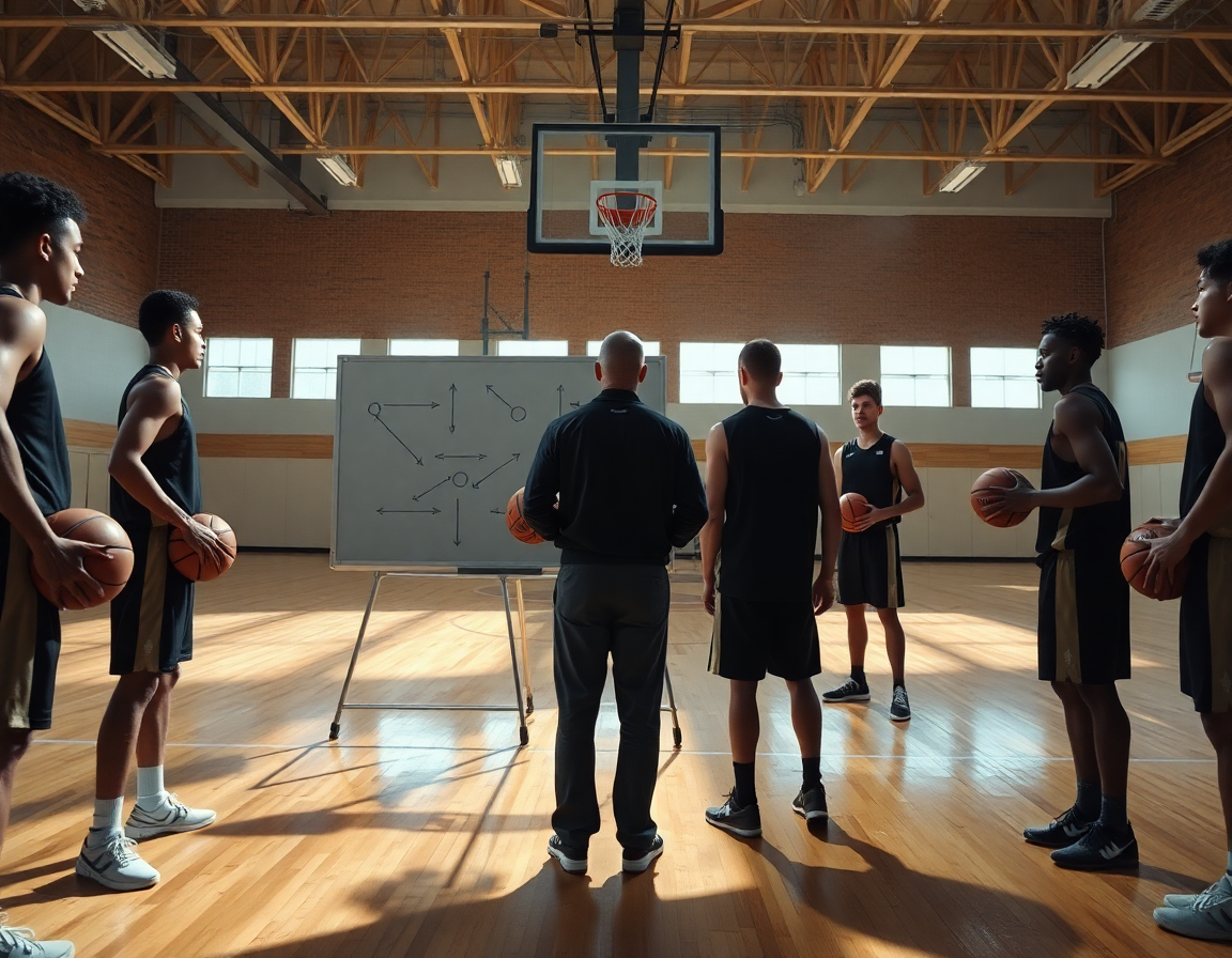 Coach with a tactics whiteboard guiding a 2 3 basketball offense review in a gym.