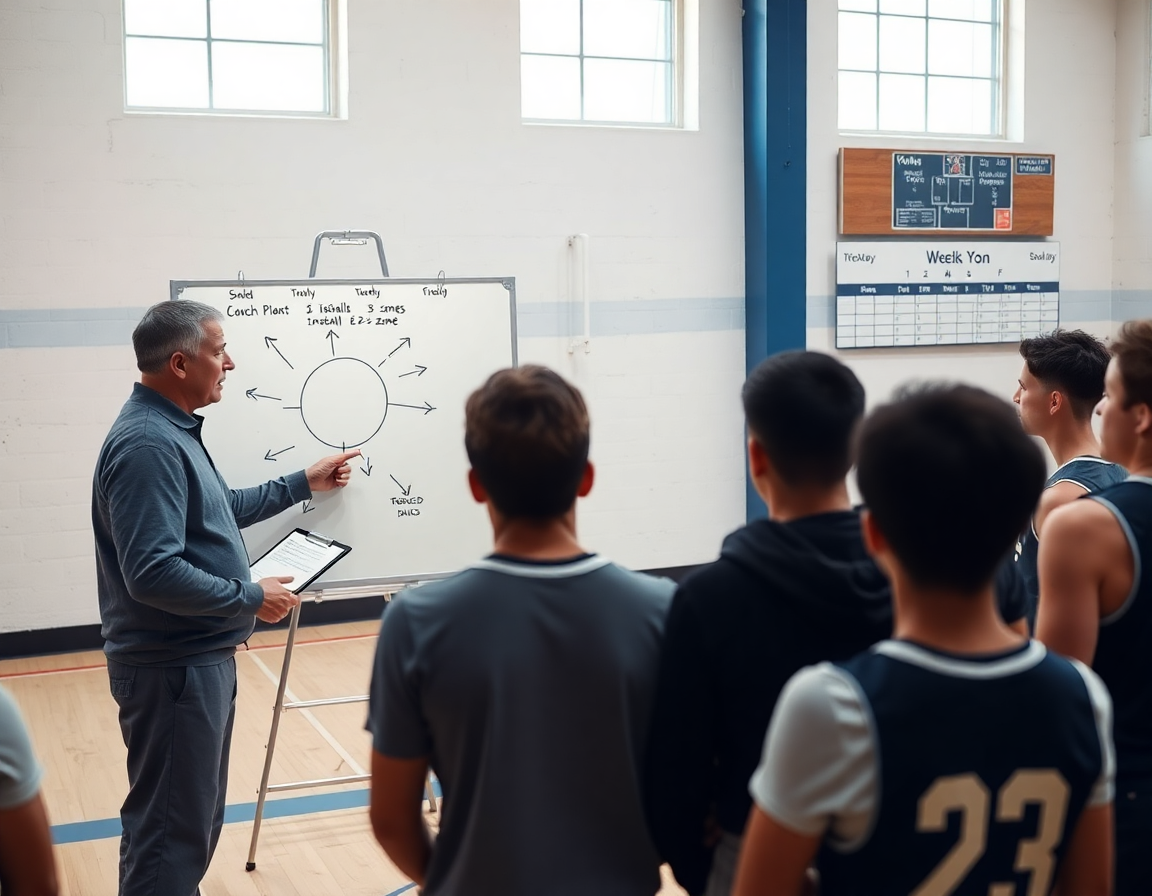 Coach outlines a 2 3 zone defense basketball week plan beside a whiteboard.