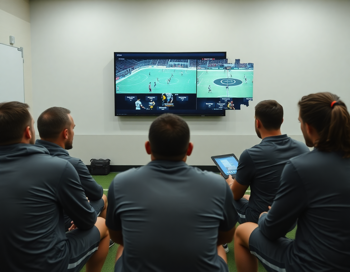 Team reviews 2 3 zone defense basketball clips on a tablet and large screen after practice.