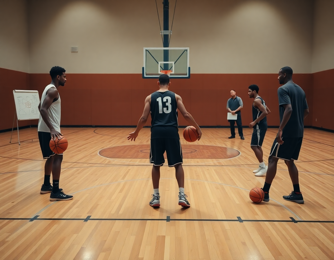 Three players at the three-point line perform 2 man dribbling drills on basketball court.