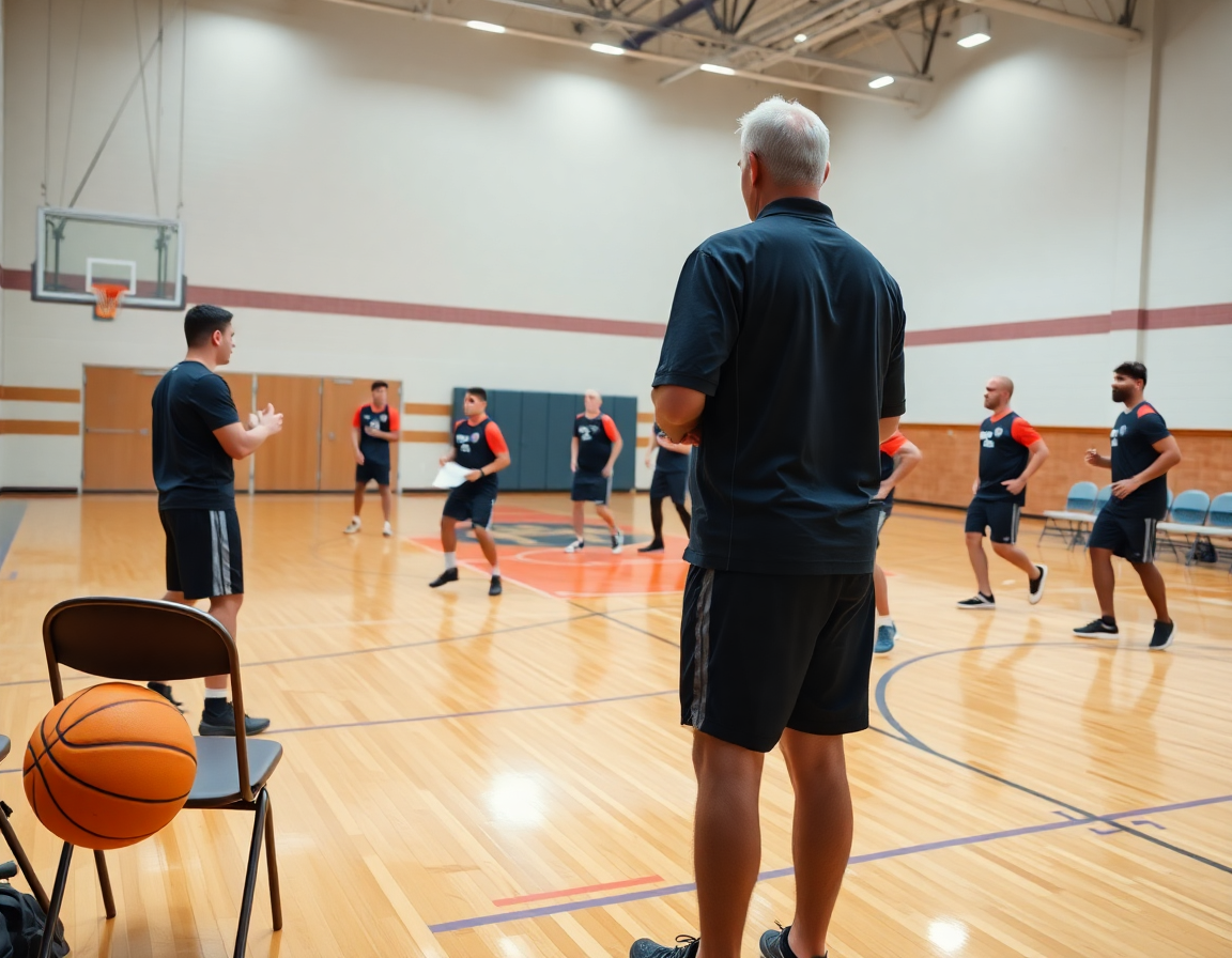 Coaches and players drill a 3-2 matchup zone on a hardwood basketball court.