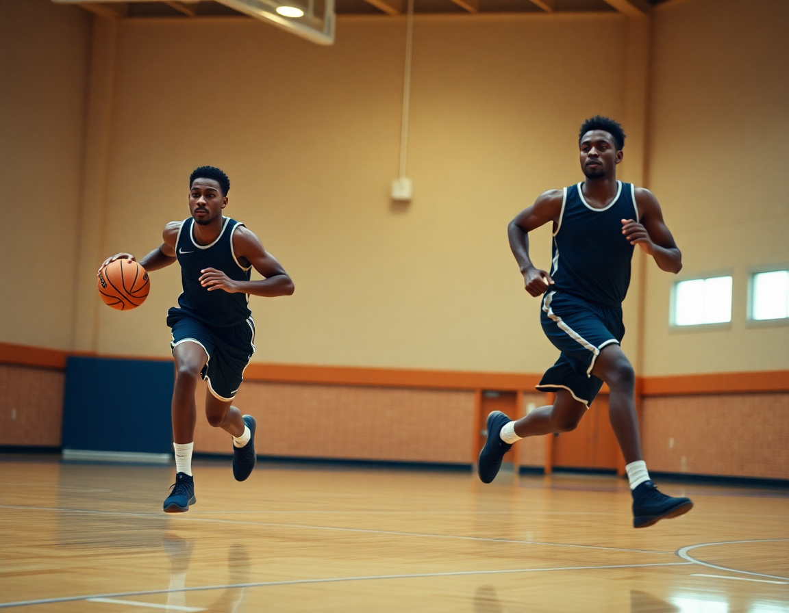 Players running a fast-break drill in practice