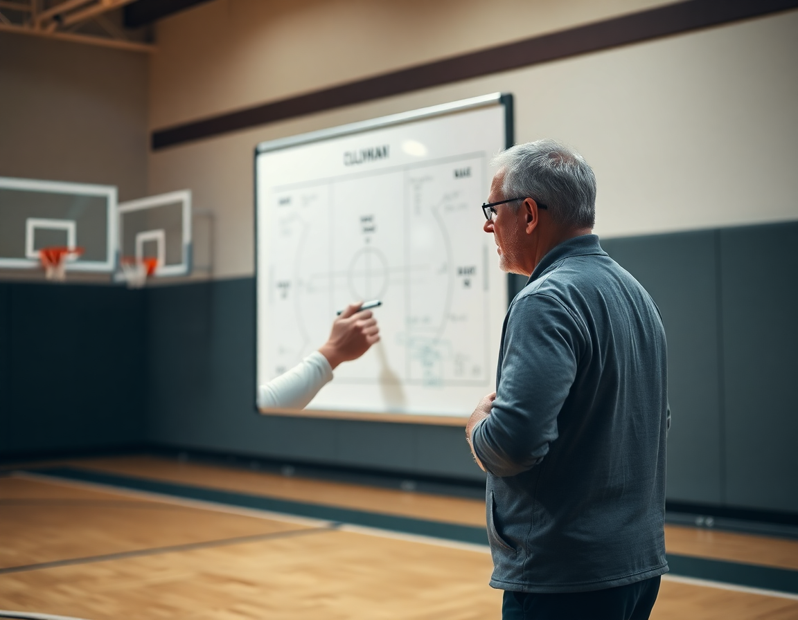 Coach explaining tactics on a gym whiteboard