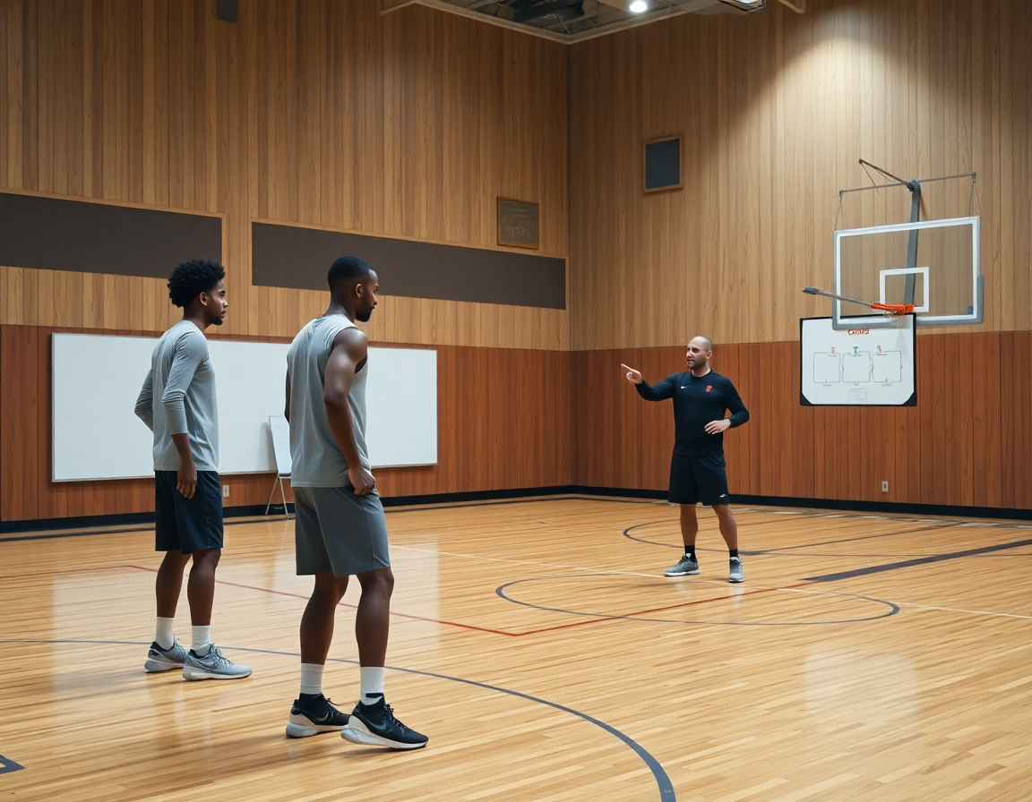 Three players in a 3-man shell drill on the basketball court under gym lights.