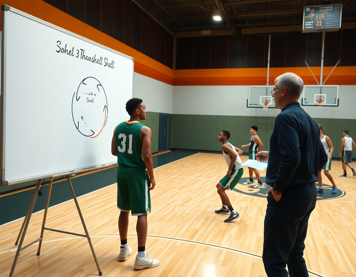 Coach shows the 3-man shell drill on the whiteboard beside players on the basketball court.