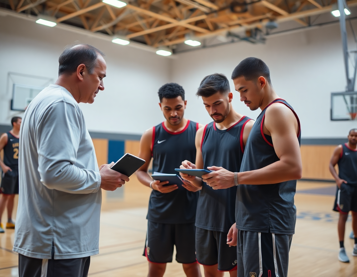 Coaches and players review 3-man shell drill clips after basketball practice.
