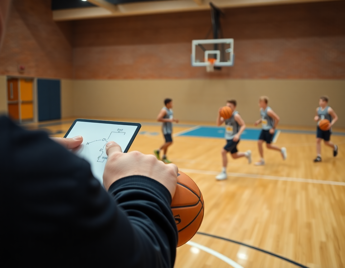 Close-up of hands guiding 3 on 3 basketball drills youth, coach uses whiteboard on hardwood.