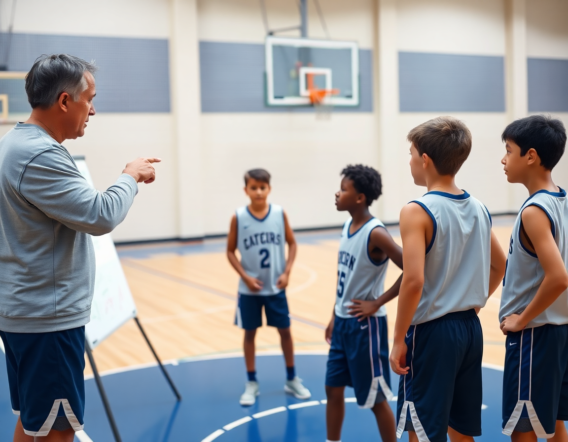 Coach directs 3 on 3 basketball drills youth on hardwood with whiteboard aid.