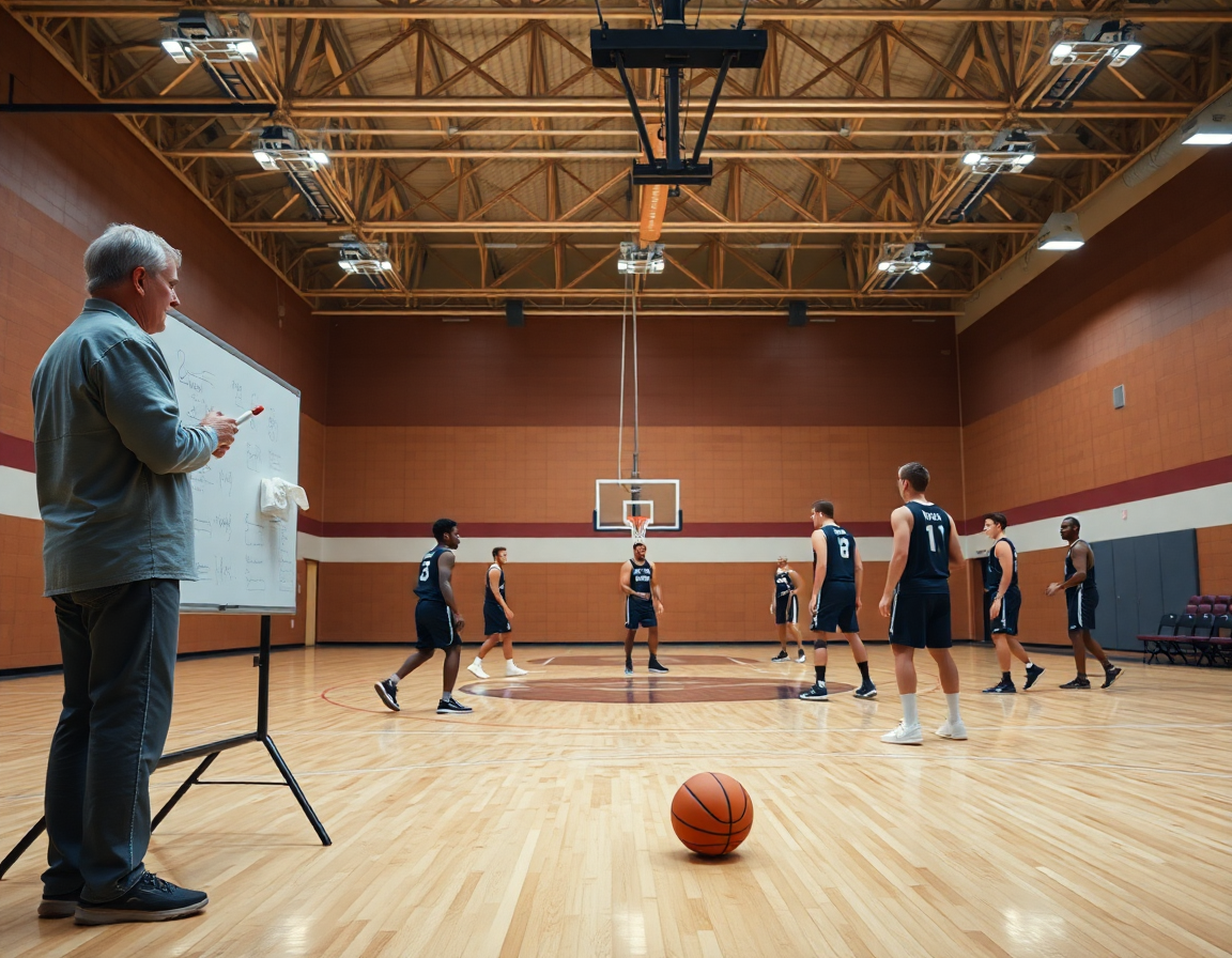 Close-up of a coach explaining the 3 out 2 in motion offense in a basketball gym.
