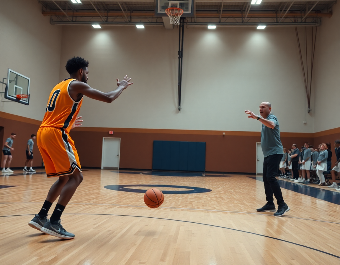 Tight shot of players running the 3 out 2 in motion offense on a basketball court.