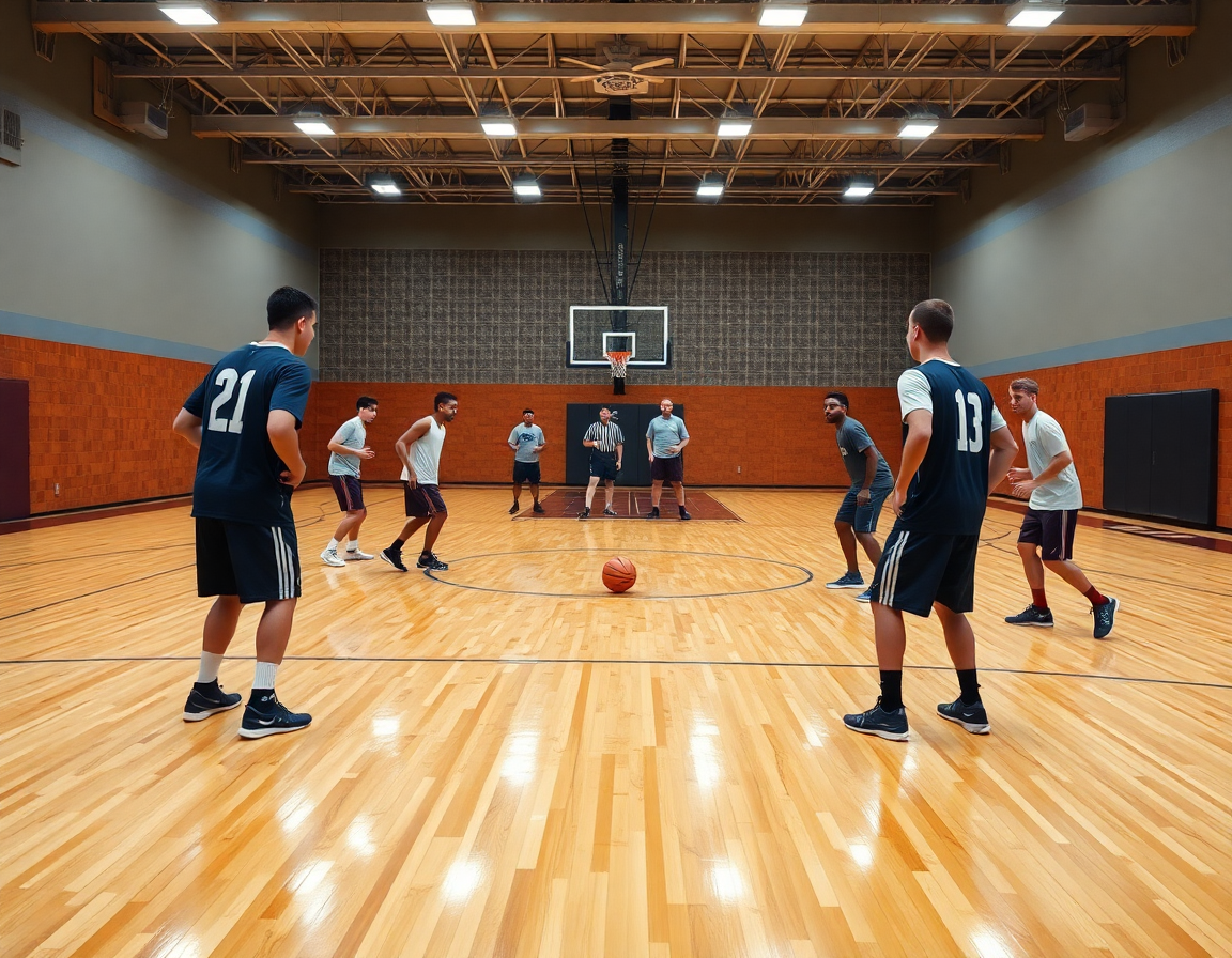 Progression drills show players moving through spots on a hardwood basketball court during practice.