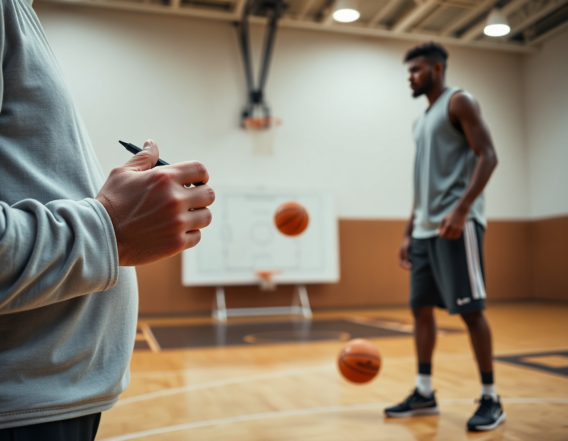 Close-up of a coach's hands guiding a basketball drill on a whiteboard over a hardwood basketball court.