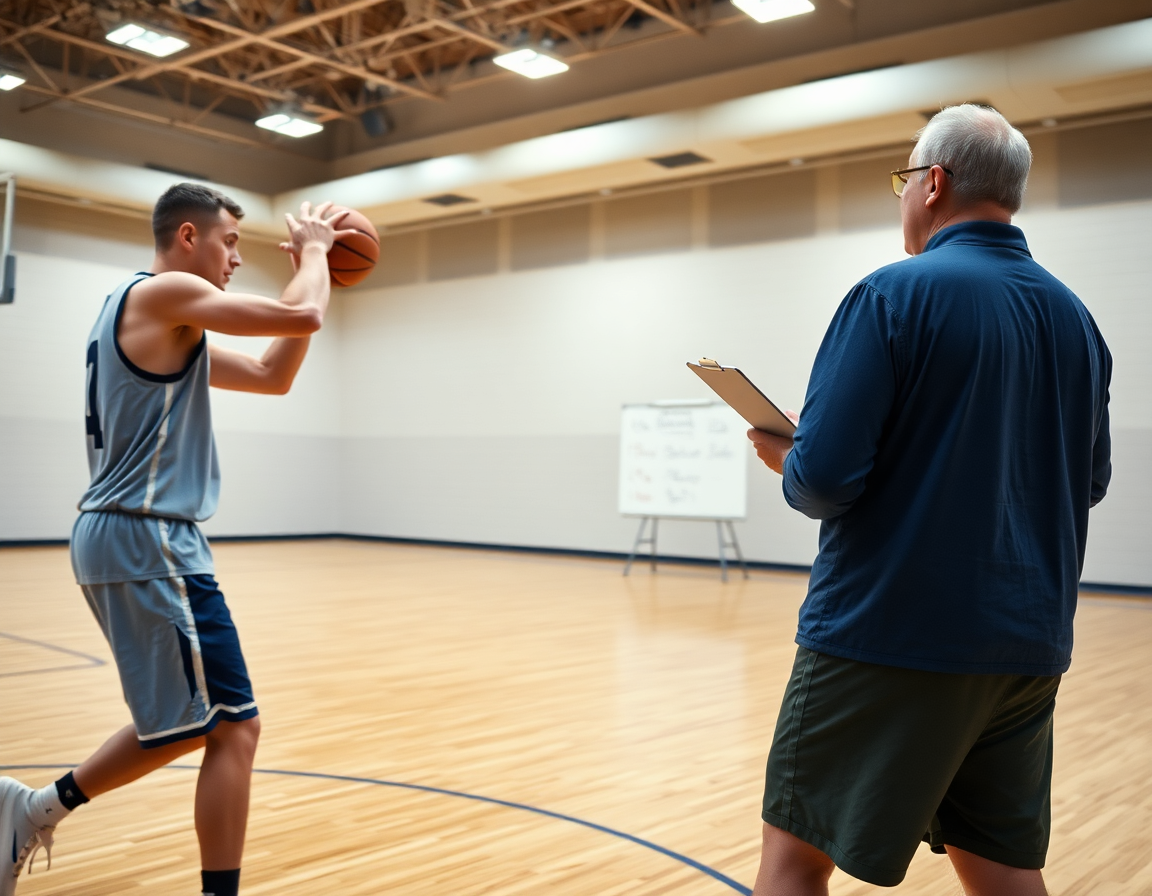 Two players execute a quick basketball pass-and-cut as the coach points to coaching points on a hardwood court.