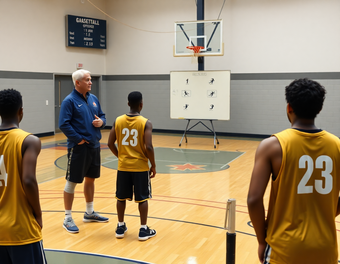 Diagramming 4 1 motion offense basketball actions on a whiteboard during practice.