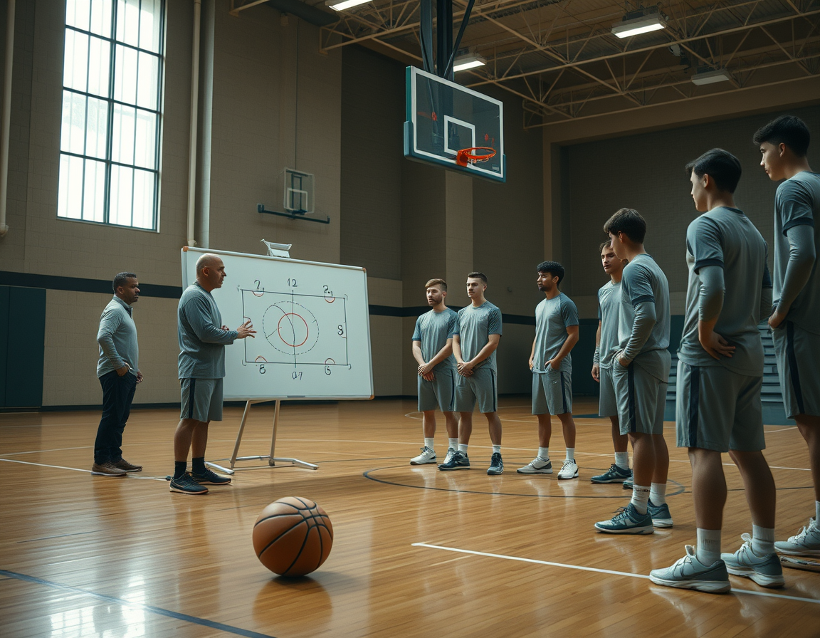 Coach explains 4 cones defensive drill concepts on a whiteboard as basketball players listen intently.