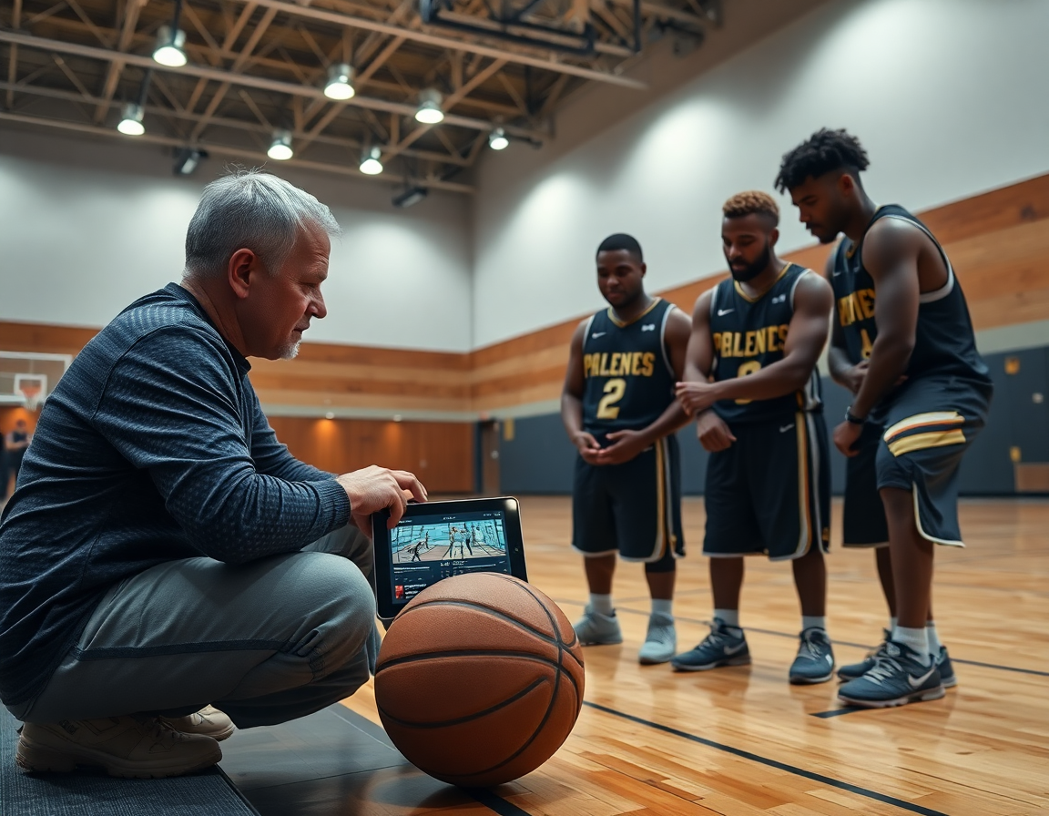Coach reviews 4 cones defensive drill clips in basketball from a video playlist on a tablet.