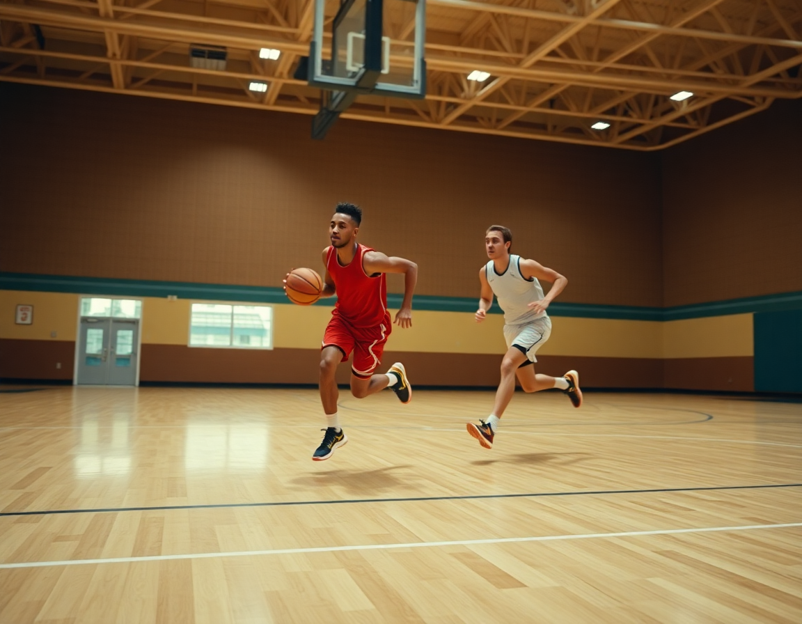 Players running a fast-break drill in practice