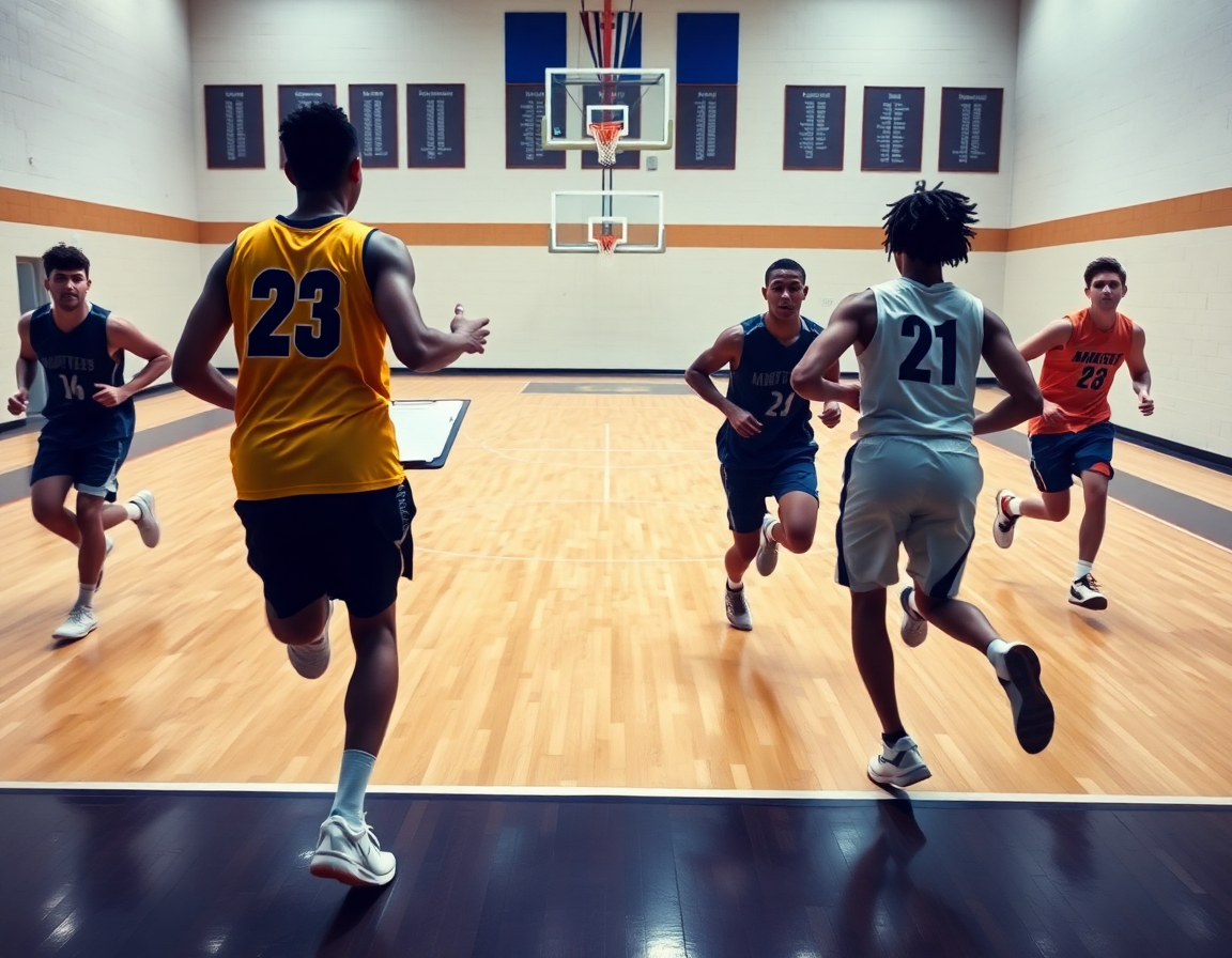 Players sprint across the hardwood as the coach outlines reads and reactions in basketball drills on a clipboard.