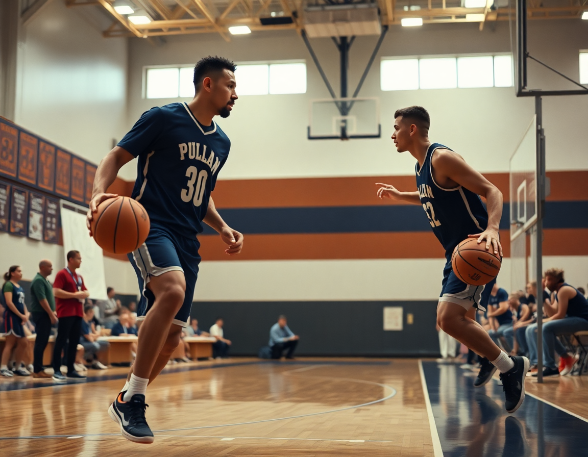 Mid-action basketball shot illustrating 4-out 1-in motion offense set plays on the whiteboard.
