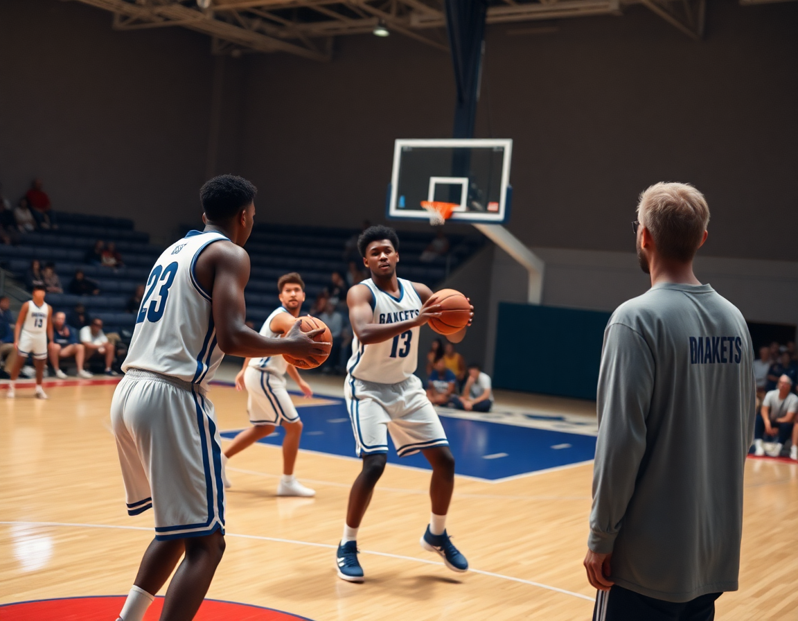 Three players execute a basketball give-and-go near the key while the coach reviews 4-out 1-in motion offense set plays.