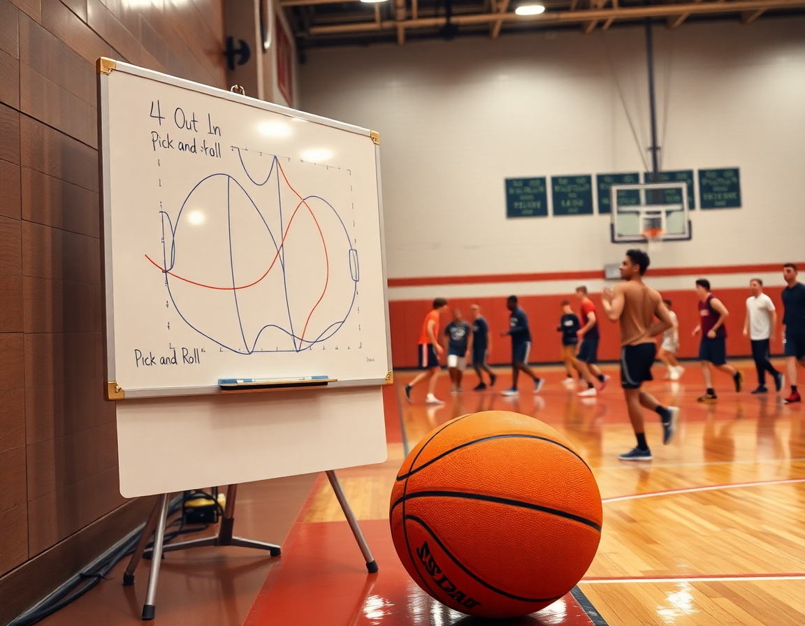 Coach outlines the 4 out 1 in pick and roll offense on a whiteboard beside the court.