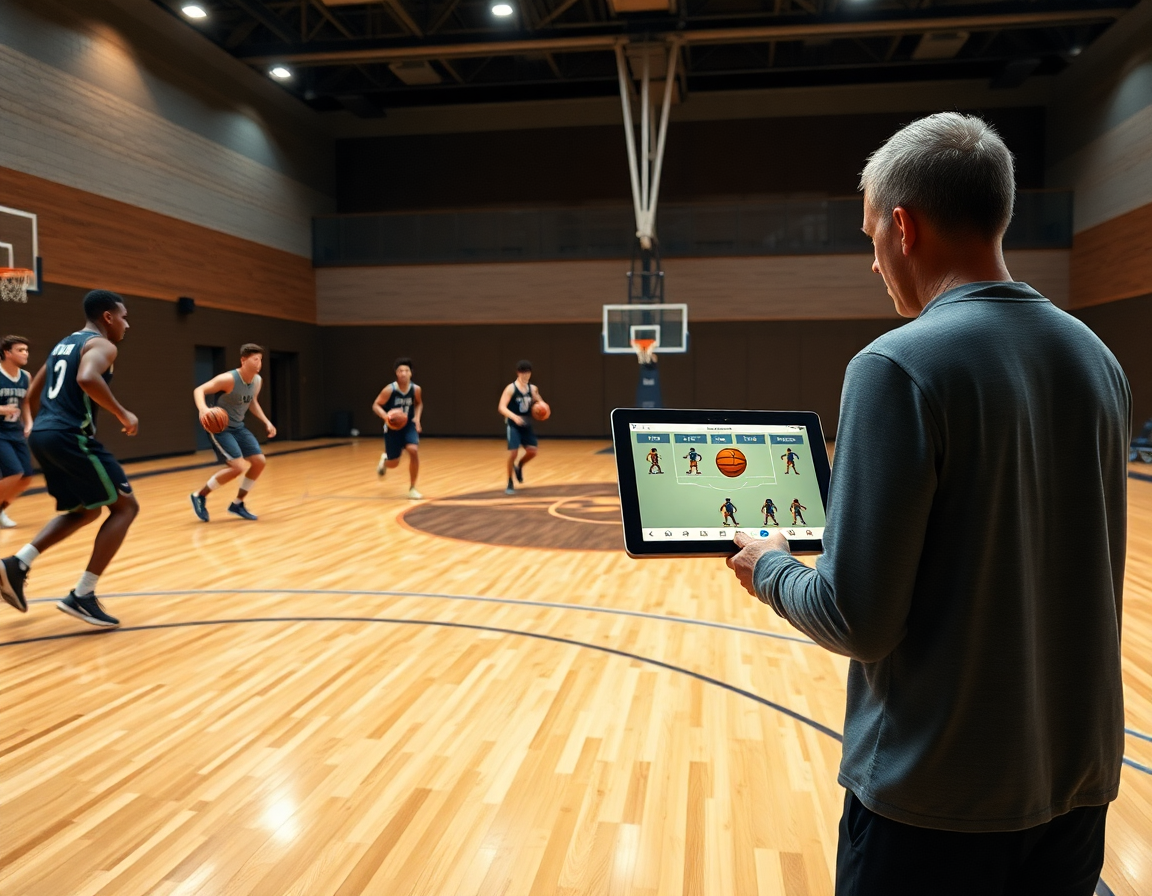 Players execute cuts while coach watches 4 out 1 in pick and roll offense sequences on a tablet.