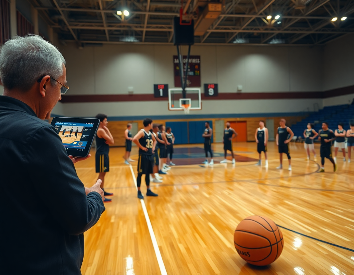 Coach shows 4 out 1 in pick and roll offense clips on a tablet to players warming up.