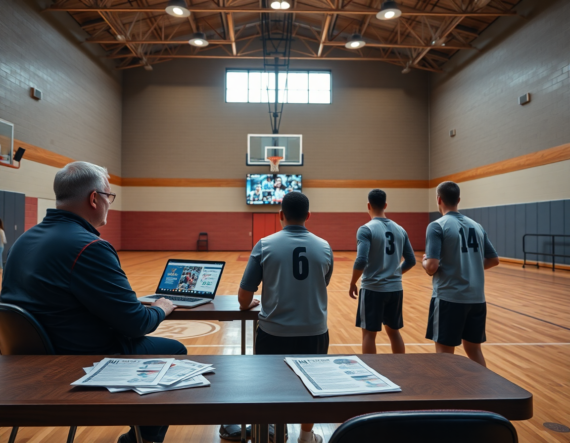 Coach reviews 5 out motion offense drills on video as players analyze basketball clips in the gym.