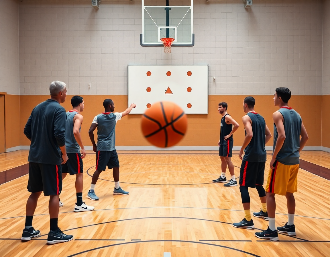 Coach demonstrating 5 out motion offense basketball spacing with five players around the arc on a hardwood court.