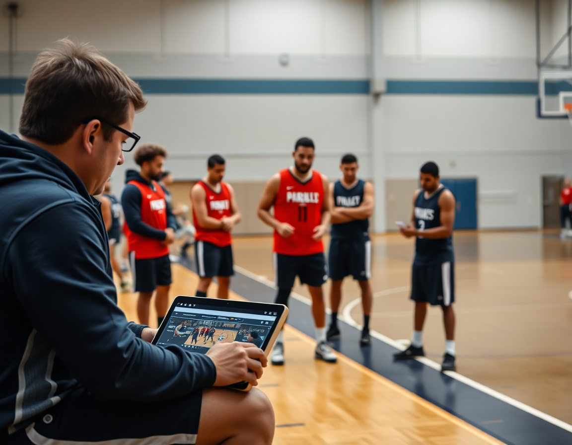 Coach reviews 5 out motion offense basketball clips with players studying the footage on the hardwood.