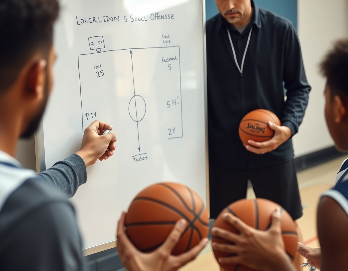 Close-up on a coach's hands sketching a 5 out motion offense for youth basketball on a whiteboard.