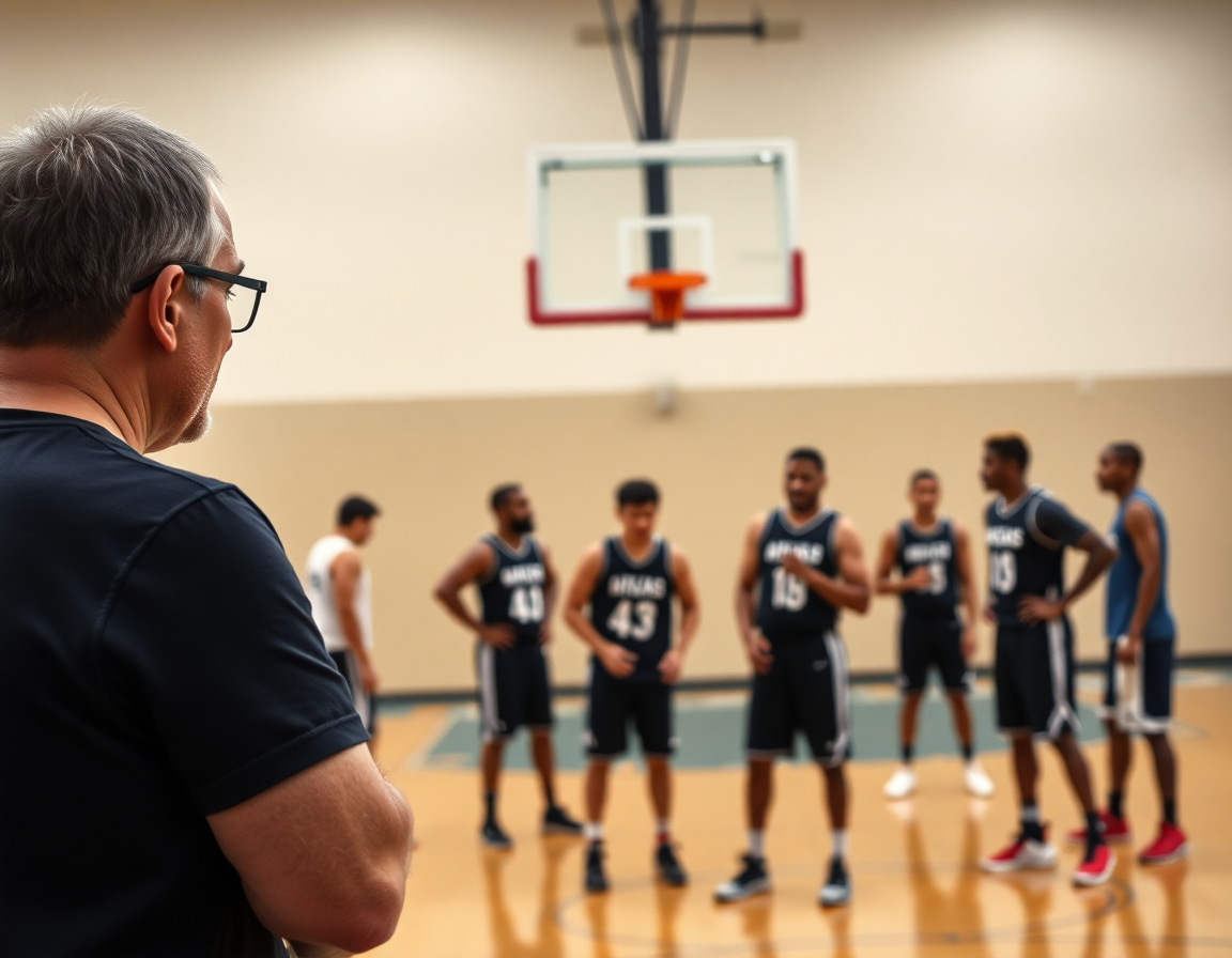 Close-up of a coach reviewing video for the 5 out motion offense for youth basketball while players drill.
