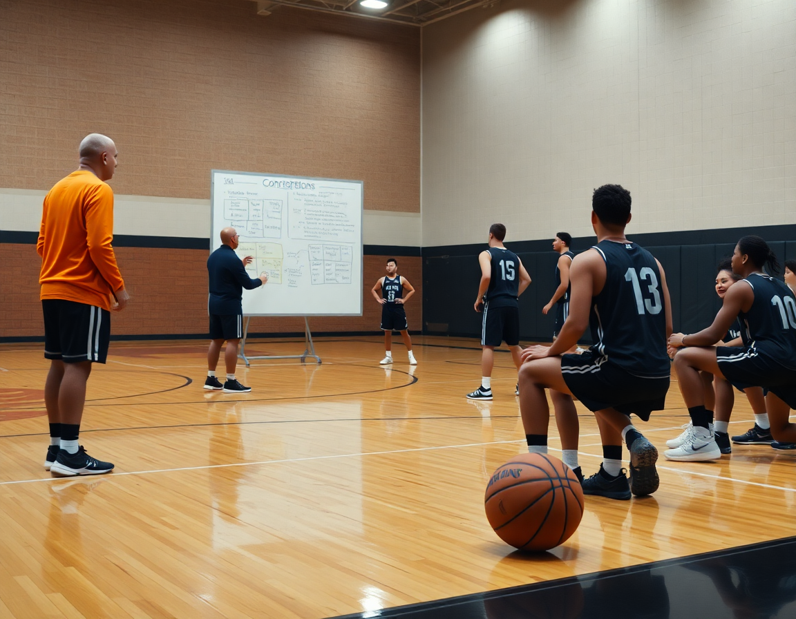 Medium shot of coach guiding team concepts on a whiteboard during a 90 minute basketball practice plan drill.