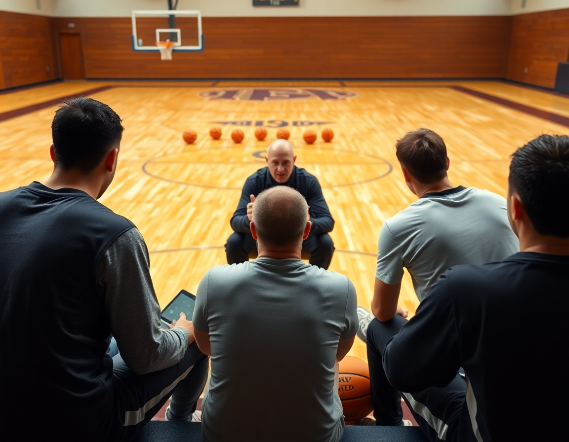 Group watches basketball video on a tablet during a 90 minute basketball practice plan reinforcement.