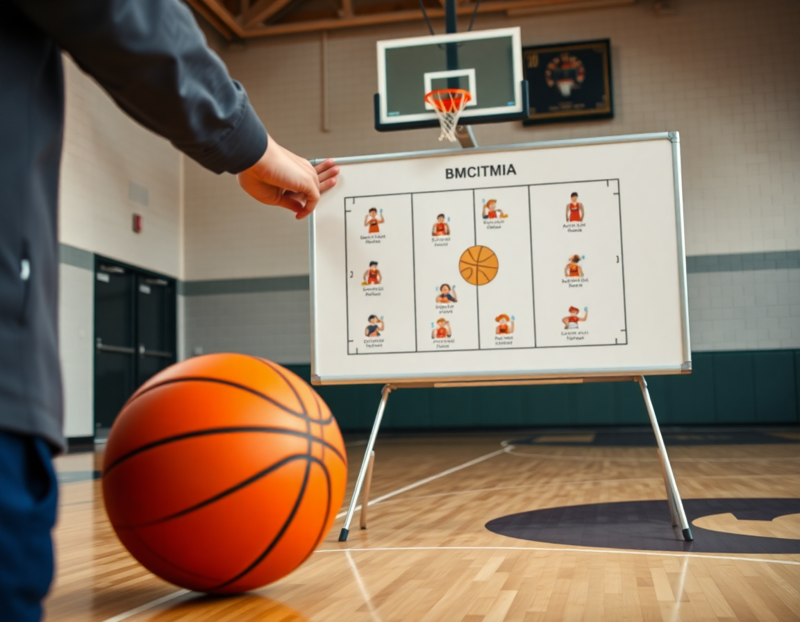 Close-up of a coach's hands and an orange basketball on a hardwood basketball court.