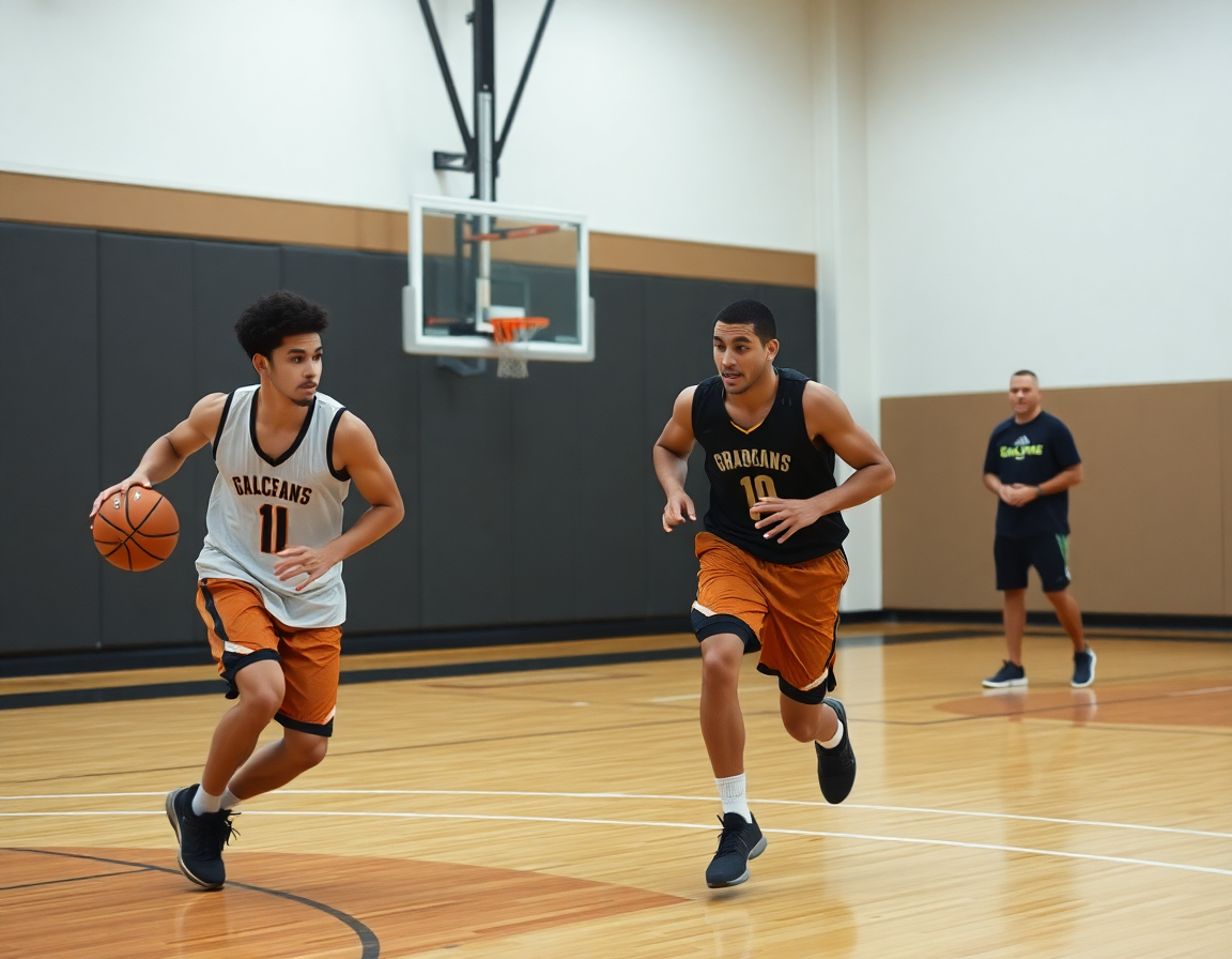 Two players drill near the key while a basketball coach watches during practice.