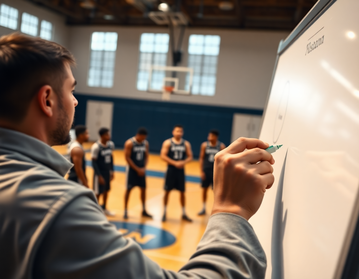 Close-up on hands drawing animated basketball plays on whiteboard in a basketball gym.