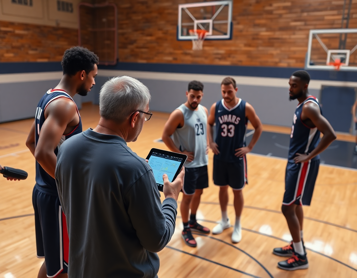 Five players on hardwood basketball court drill while the coach reviews apps for basketball stats on a tablet.