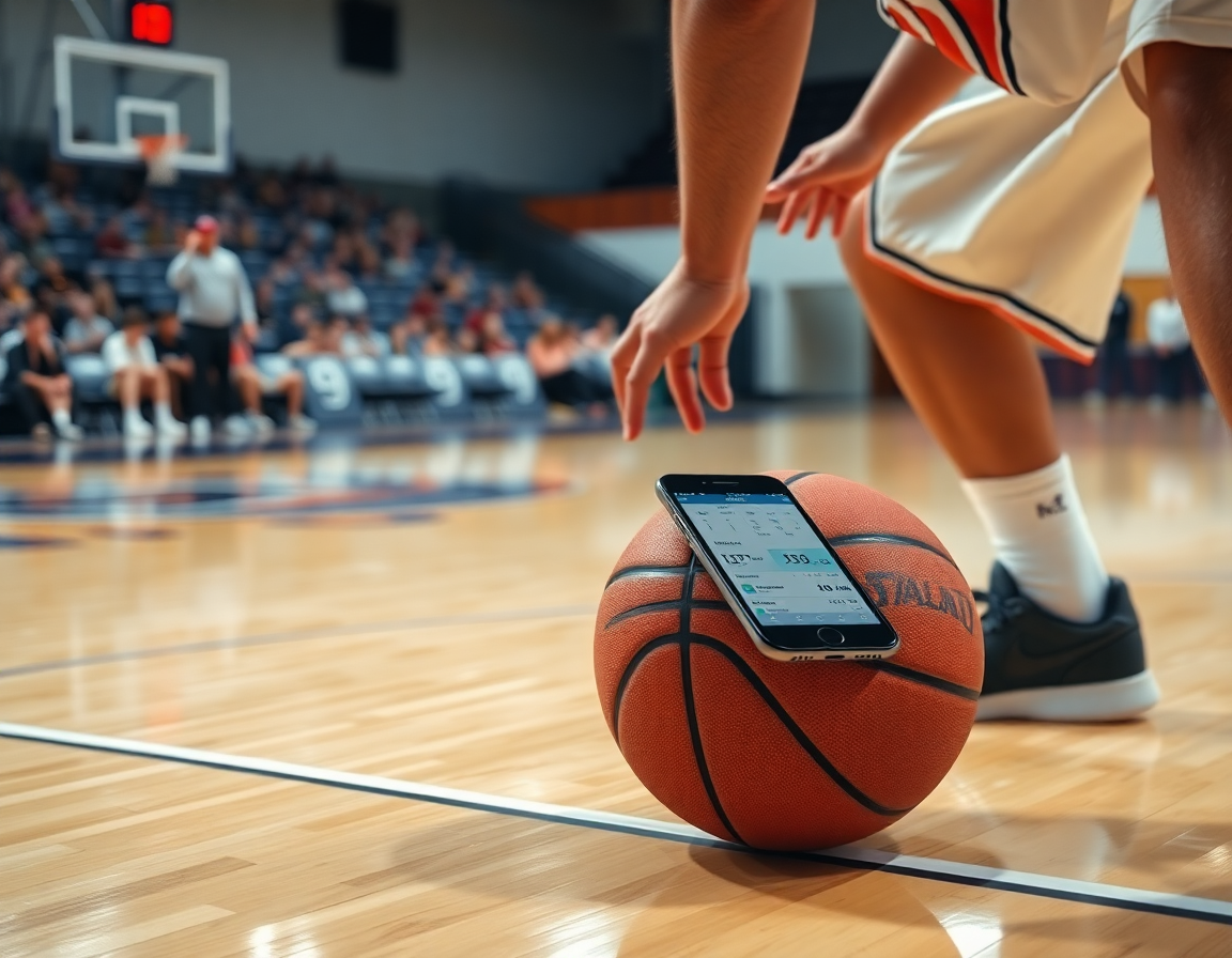 Close-up on a player's hands dribbling basketball on hardwood court as the coach uses apps for basketball stats.