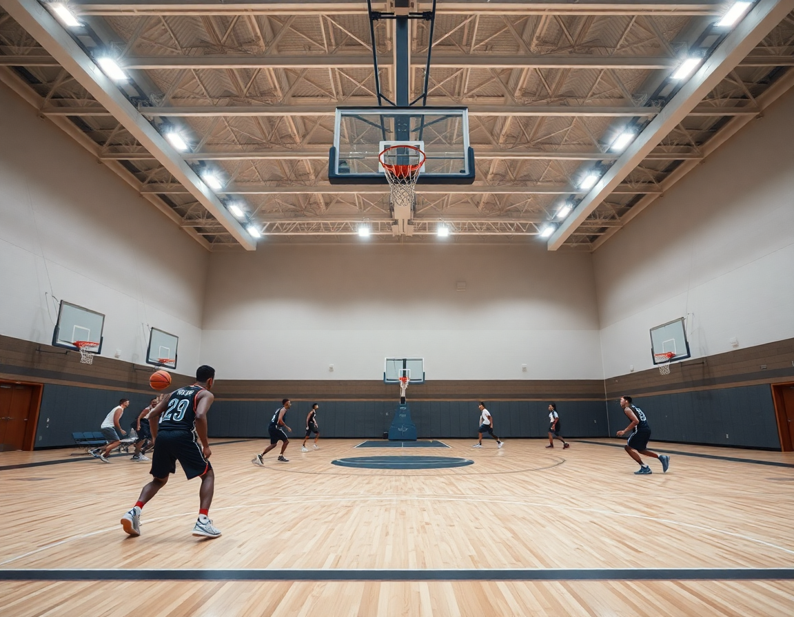 Wide shot of a full-court basketball drill as apps for basketball stats guide scouting.