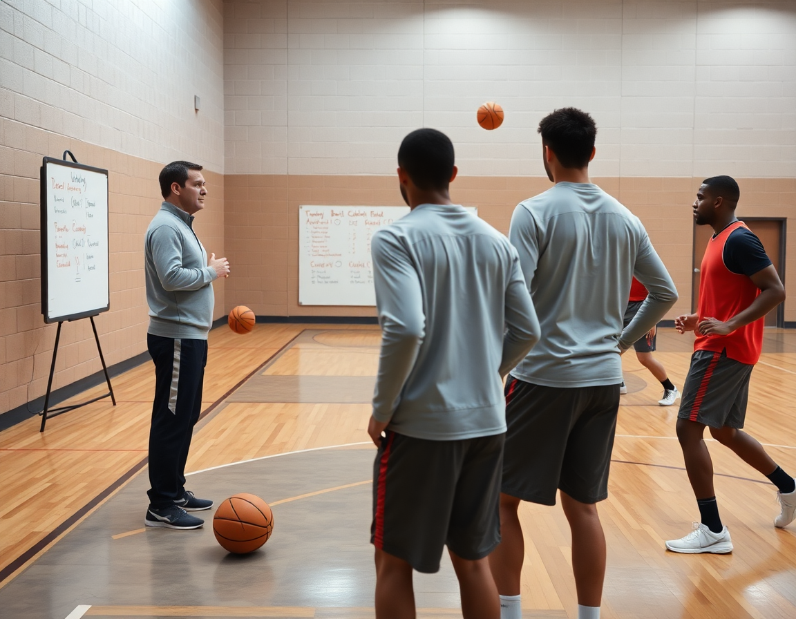 Coach reviews basketball best defense weekly plan on a whiteboard as players drill on-ball defense.
